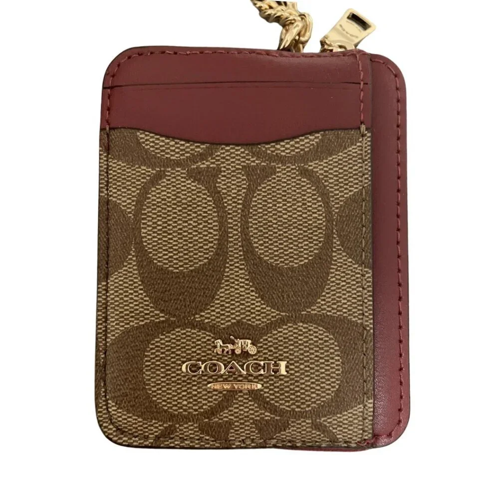 COACH Leather Zip Card Case Signature Khaki Cherry Detachable Chain NWT - Picture 10 of 11
